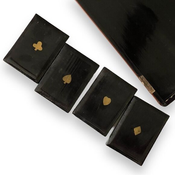 Vintage French Lacquered Wood Game Box Cellulose Jetons Lidded Compartments - Picture 5 of 16